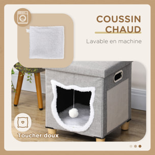 Niche chat grattoir pouf 3 en 1 design porte tête de chat - coussin bouclette amovible inclus - tissu gris