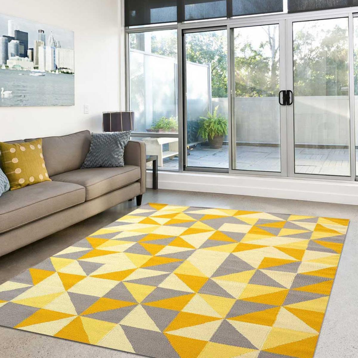 Tapis Kilim tissé à la main en laine motif Géométrique dans les teintes de Bleu