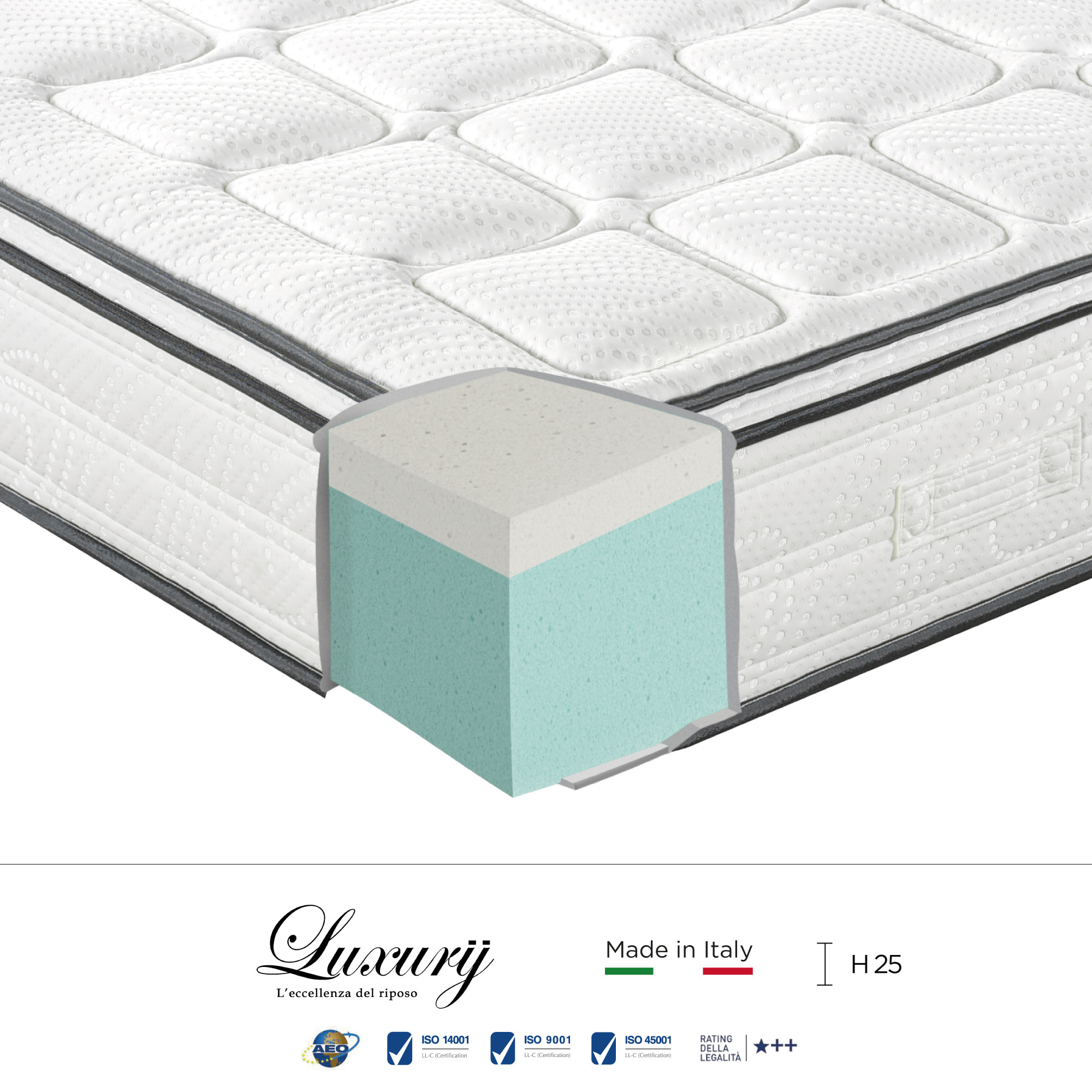 "Firenze" H25 cm 80x200 guanciale Memory OMAGGIO 2cm memory foam
