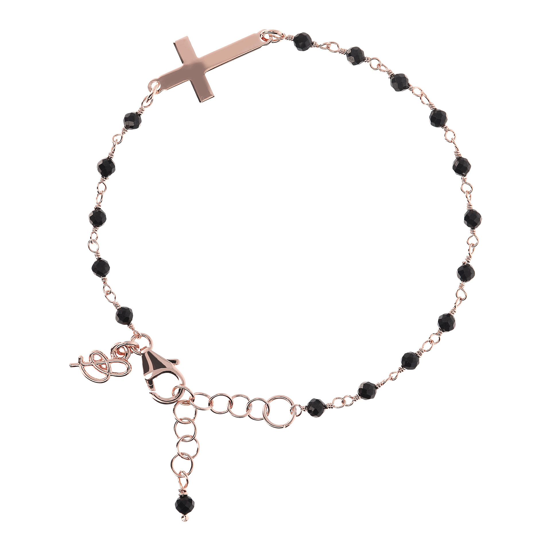 Bracciale Rosario con Spinello Nero e Croce in Golden Rosé Placcato Oro Rosa 18kt