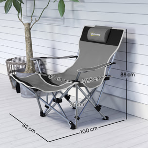 Chaise de camping pliante - repose-pied amovible, rangements - sac transport - gris