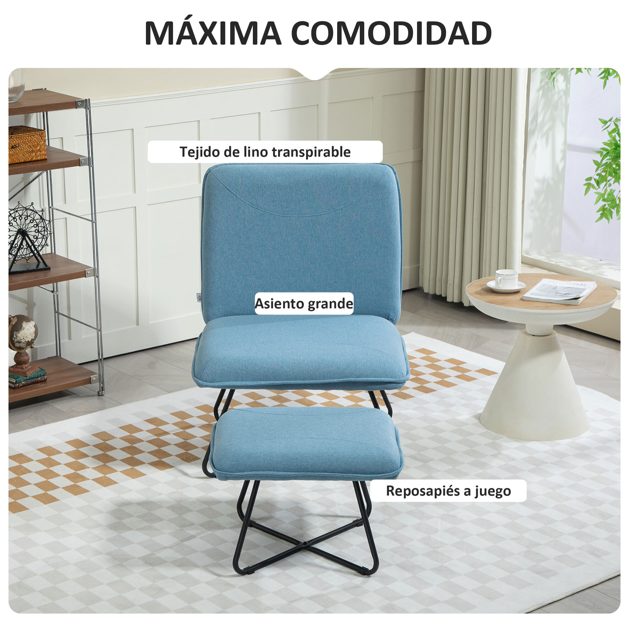 Sillón Relax Sillón de Salón con Reposapiés Butaca para Dormitorio sin Brazos con Patas de Acero en Forma de Cruz para Sala de Estar Azul Claro