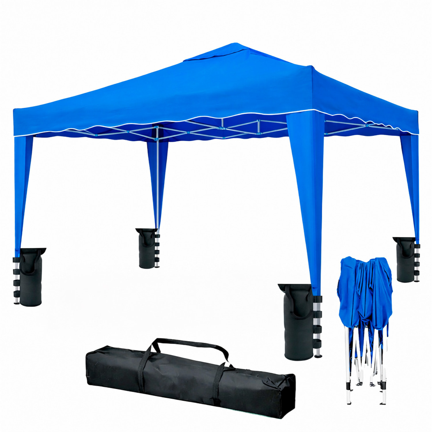 Gazebo Pieghevole 3x4 M in Acciaio con Telo Idrorepellente 160 g/m² Anti-UV Struttura Robusta Apertura Rapida a Fisarmonica con Borsa e 4 Sacche Blu