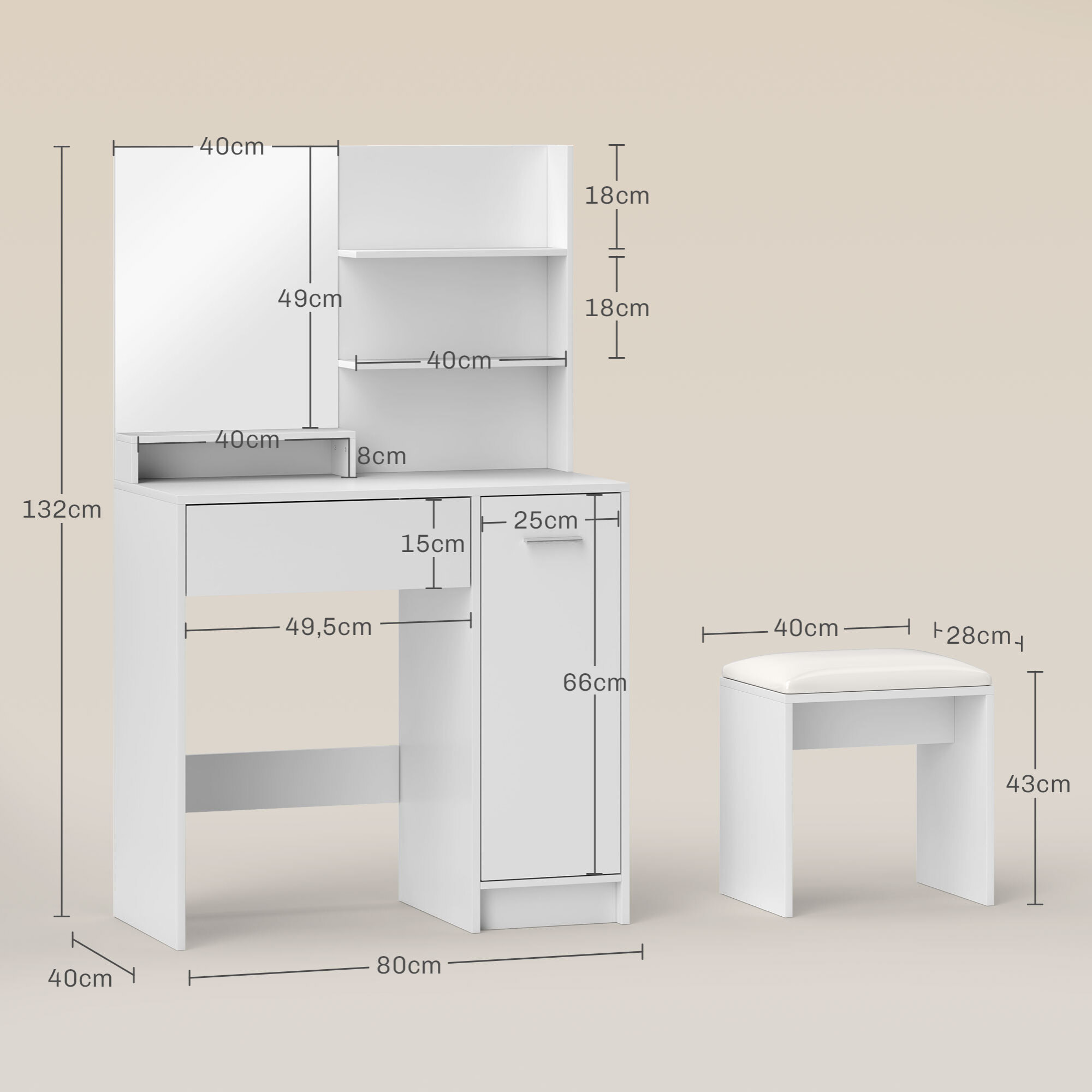 Ensemble coiffeuse miroir avec tabouret - porte, tiroir, 4 étagères, niche - blanc