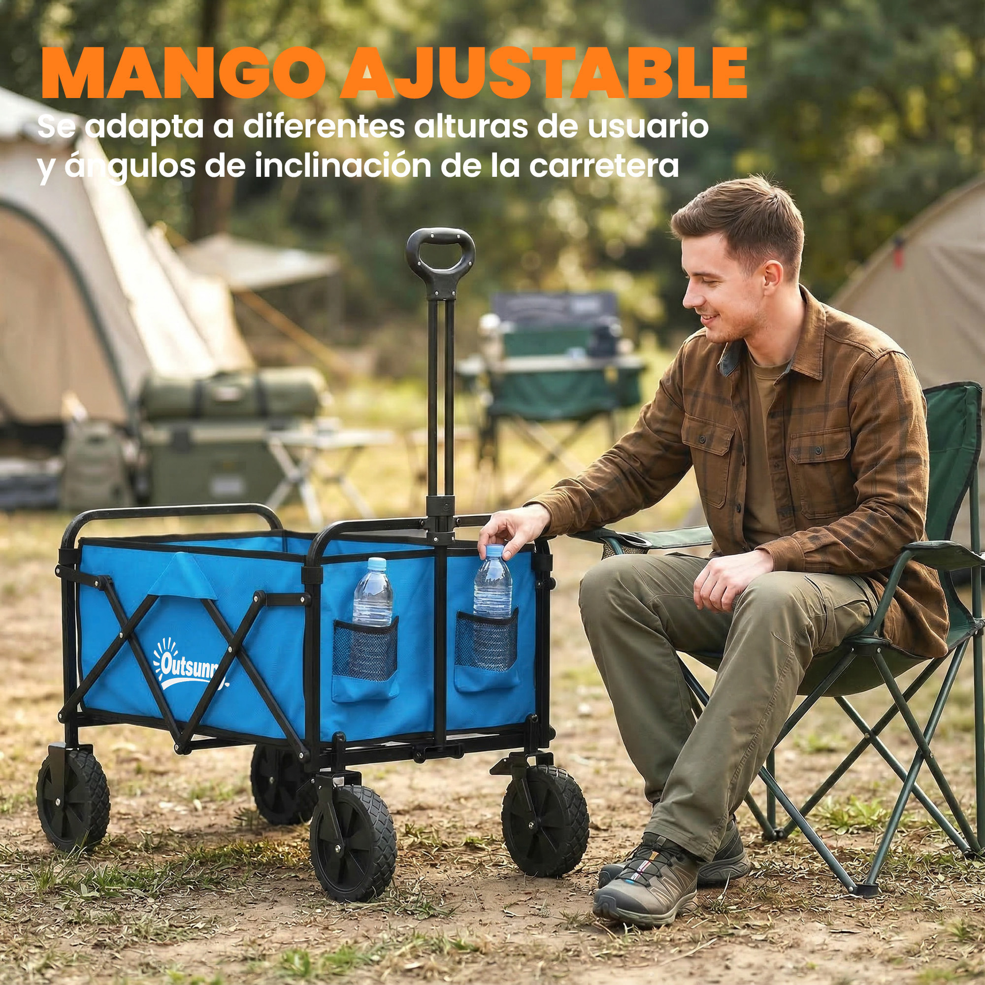 Carro Playa con Ruedas Grandes Bloqueables, Carro de Jardín Plegable con Mango Ajustable, Portavasos y Marco de Metal, Carga 80 kg, Carrito Transporte para Jardín, Campaña, Compras, Azul