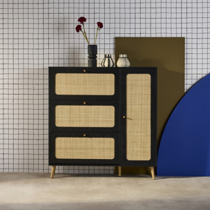 Meuble à chaussure cannage Bohème noir. 3 tiroirs. 1 porte. 21 paires. 120 x 24 x 125 cm