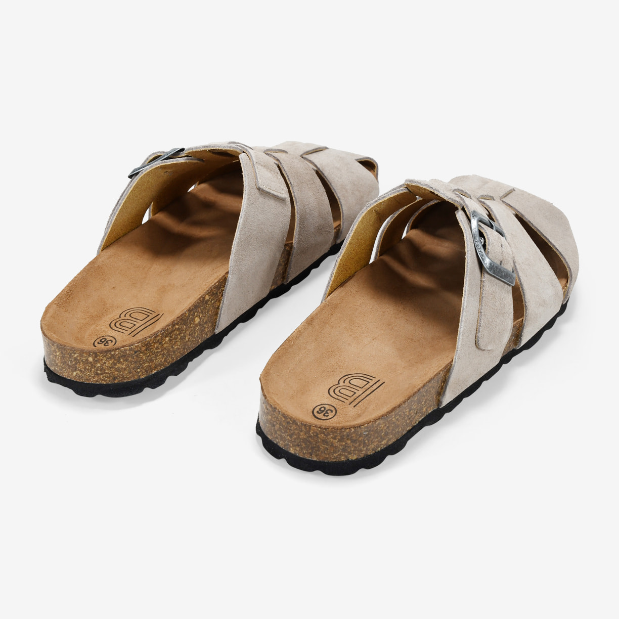 Zuecos de piel piedra con hebilla y suela de corcho