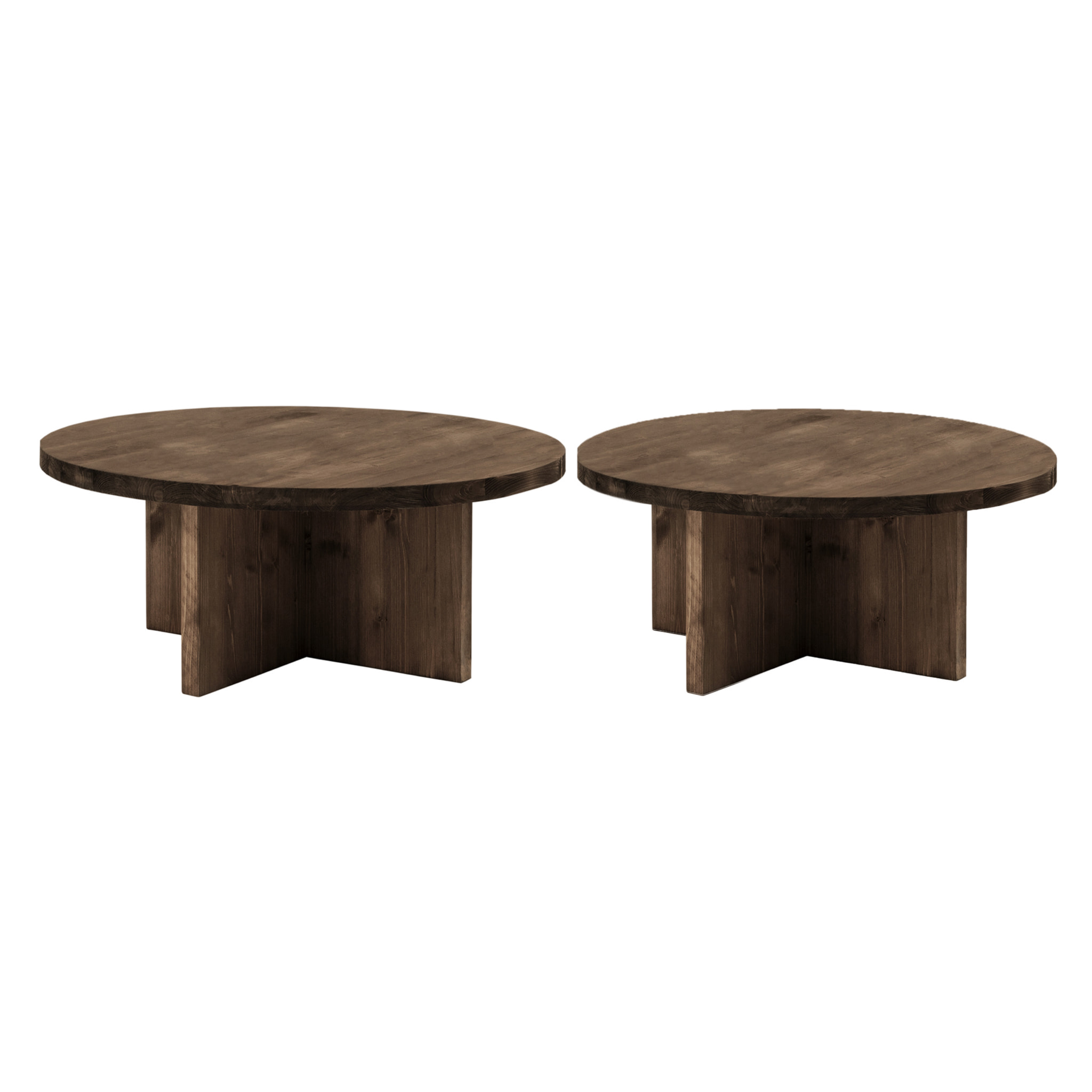 Pack de 2 tables basses rondes en bois massif ton noyer 80x80cm Hauteur: 30 Longueur: 80 Largeur: 80