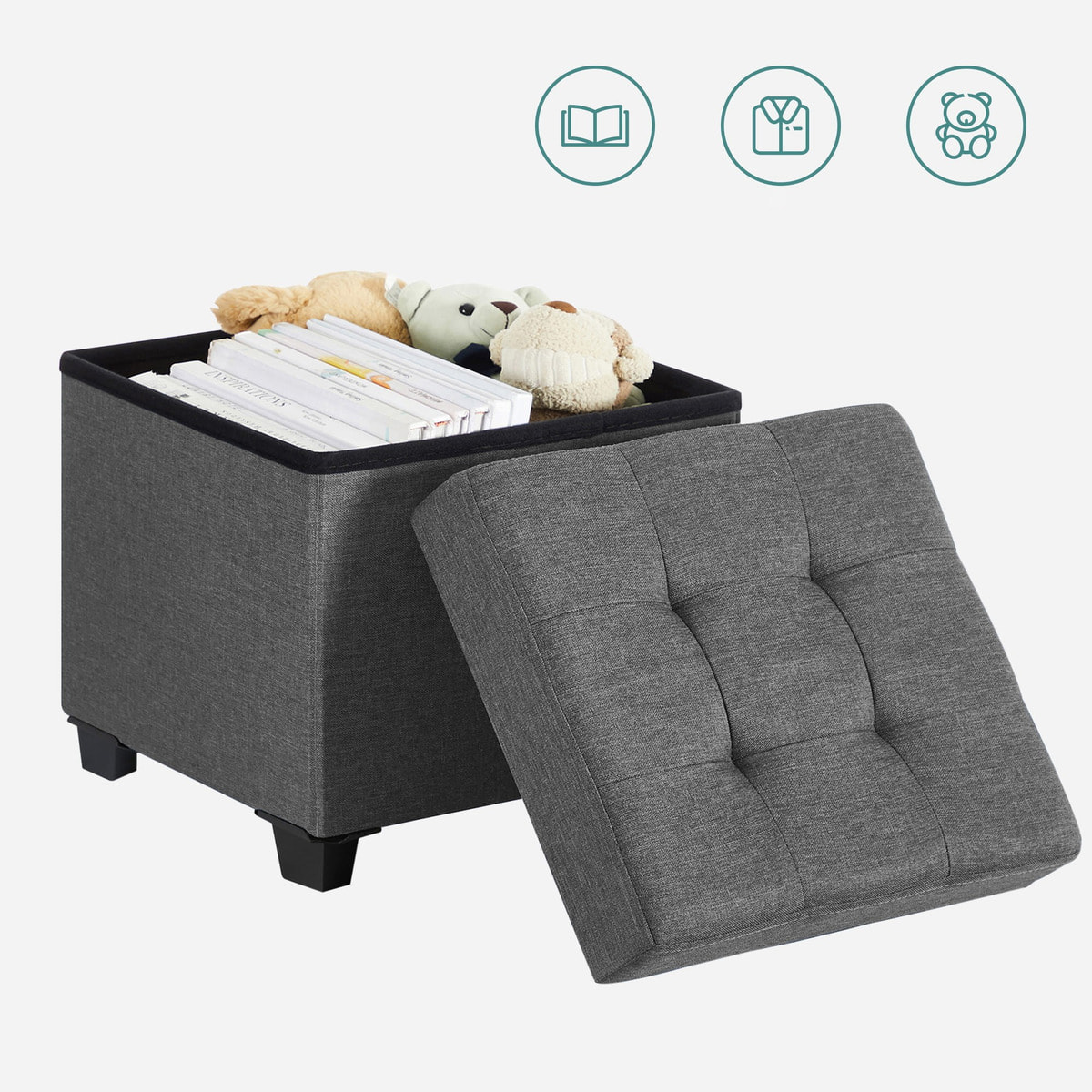 Pouf contenitore pieghevole in tessuto effetto lino grigio