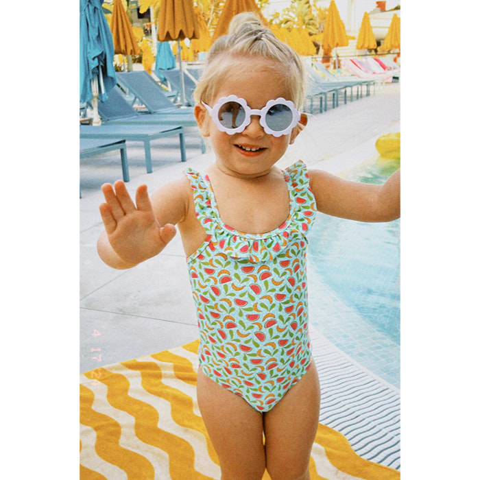 Costume da bagno per bambina con volant e stampa di frutta