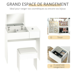 Coiffeuse table de maquillage design contemporain 80L x 40l x 79H cm miroir escamotable, tiroir, coffre + tabouret blanc