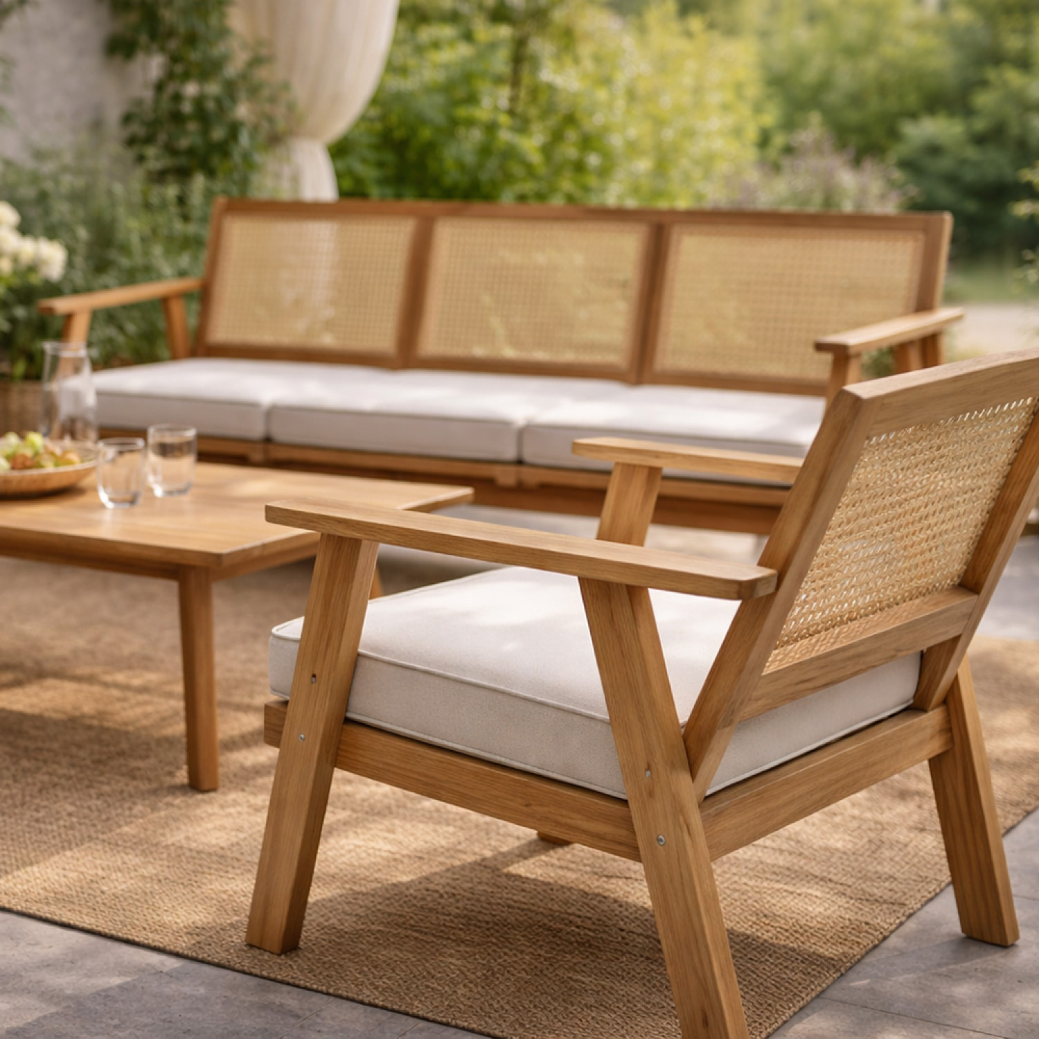 Salon de jardin 5 places en bois d’acacia et cannage HOA