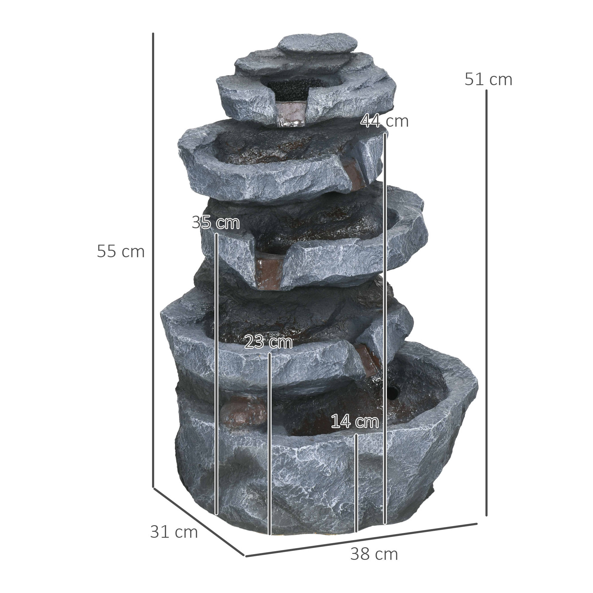 Fontaine de jardin à énergie solaire - fontaine roche cascade 5 niv. LED pompe incluse - résine gris