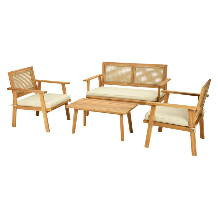 Siboney - salon bas de jardin 4 places - bois, cannage et coussins beiges - Bois / Beige