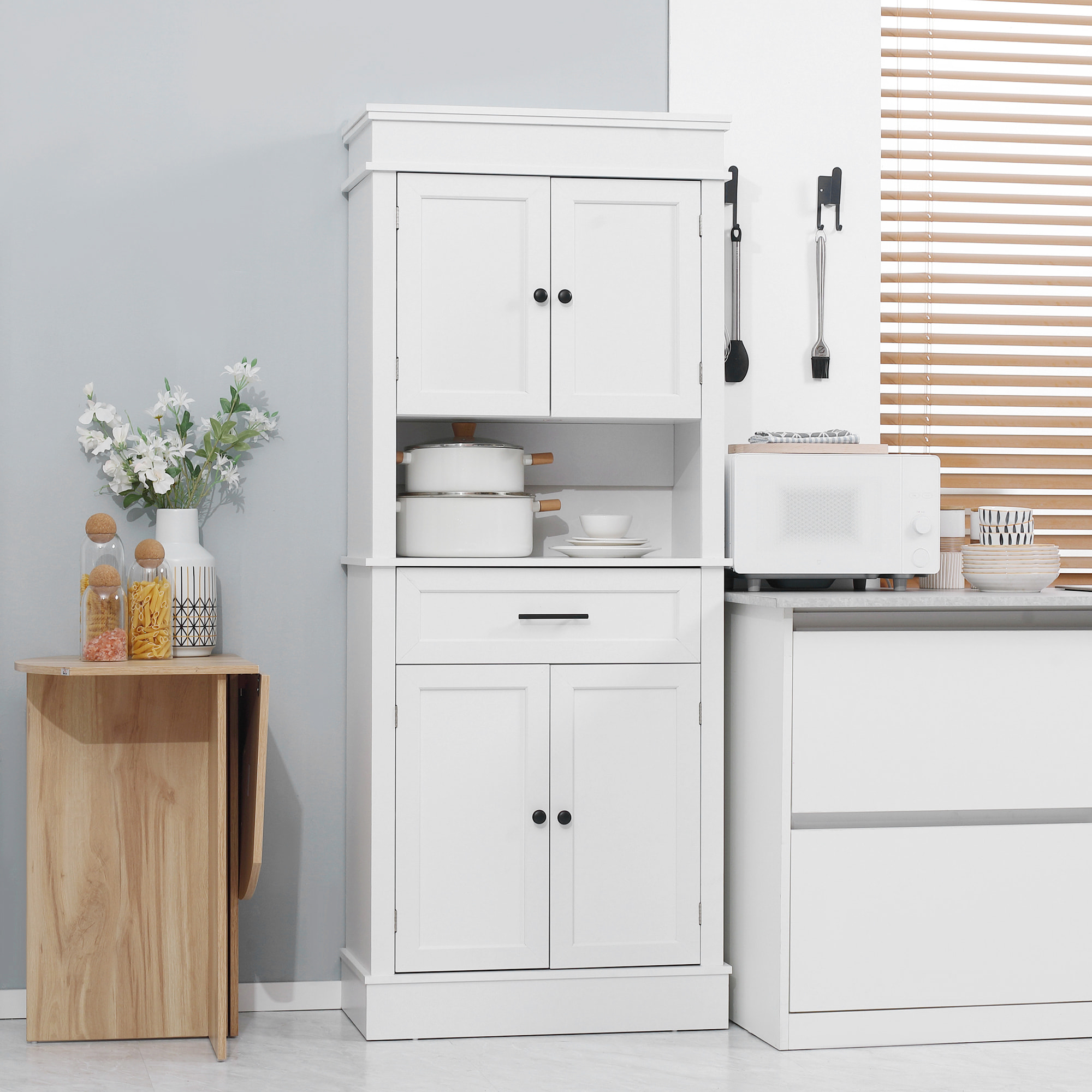 Alacena de Cocina Aparador de Comedor Mueble Auxiliar para Microondas con 4 Puertas 1 Cajón y Estante Abierto para Salón 74x39,5x183 cm Blanco