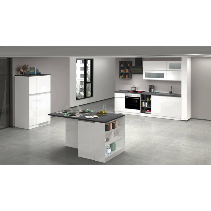 Cucina completa Balme, Set con dispensa, Mobile per cucinotto, Kit blocco con isola e portafrigo, 100% Made in Italy, Bianco lucido e Ardesia