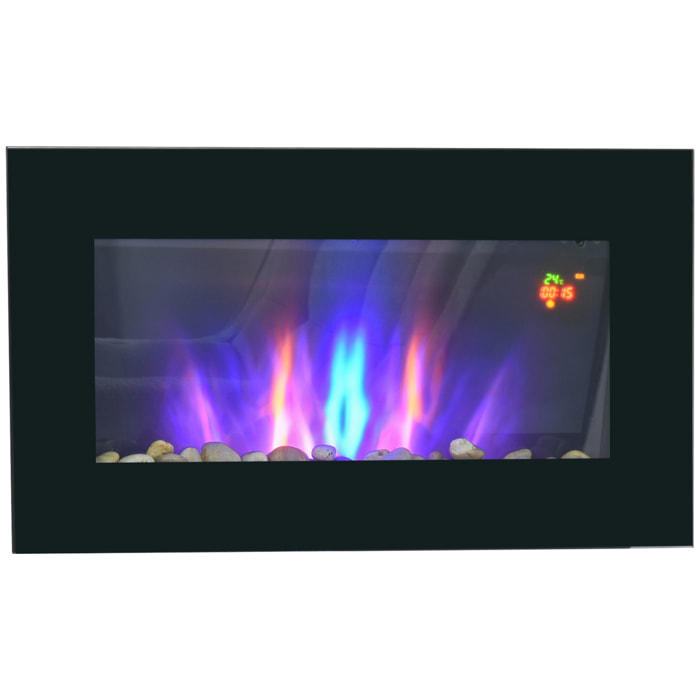 Cheminée électrique murale 1000/2000W effet flammes LED 7 couleurs réglables télécommande galets noir