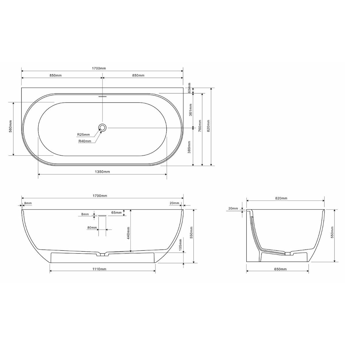 Lesly 170 x 82 cm Baignoire semi-îlot en marbre coulé, blanc (LE1700)