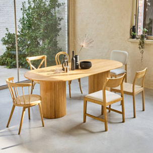 Table à manger oblongue bois d'hévéa et placage chêne 8 places naturel - L 220 x P 100 x H 73 cm - Estelle