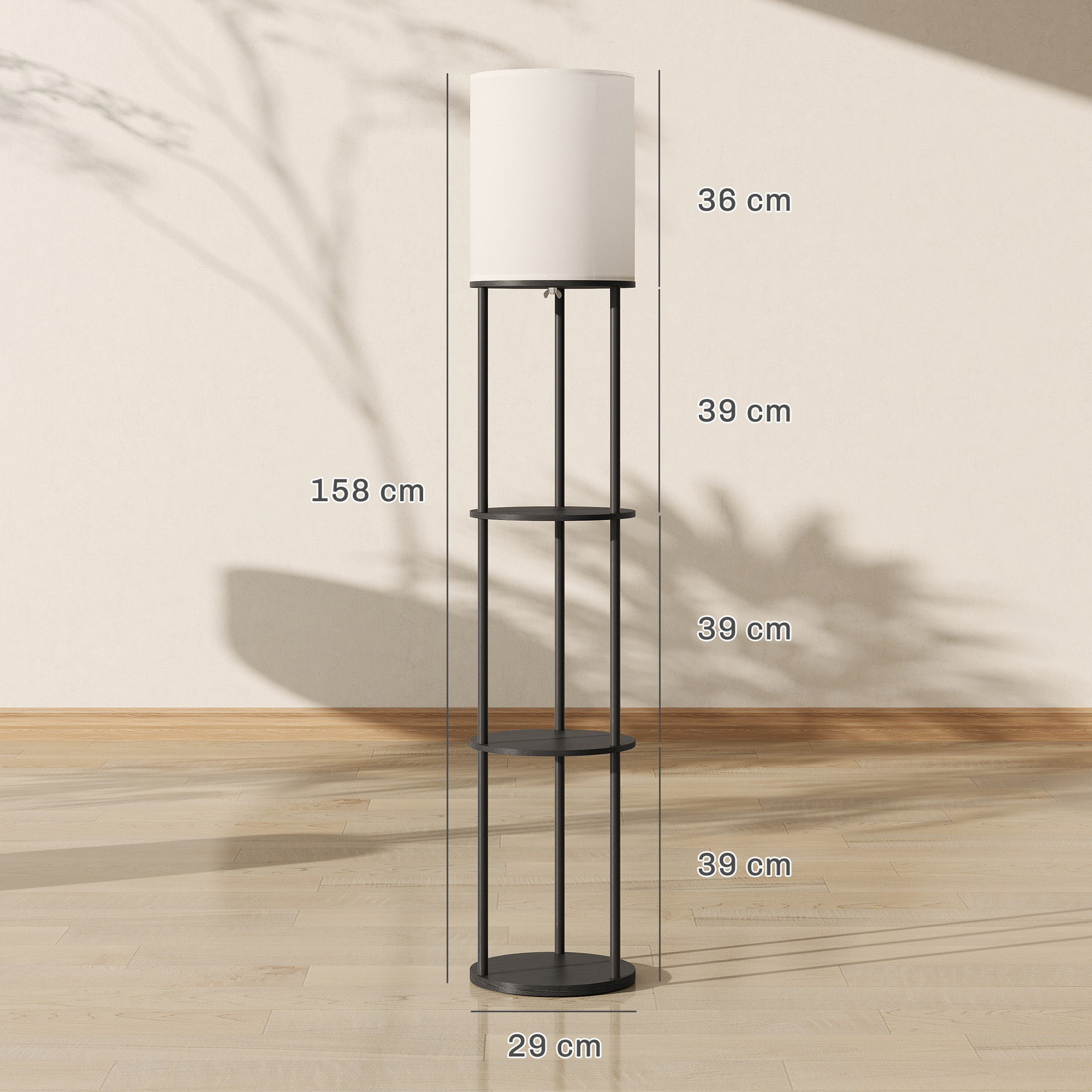 Lámpara de Pie con Estantes, Lámpara con 3 Temperaturas de Color, Control Remoto, para Salón, Dormitorio, Oficina, Negro