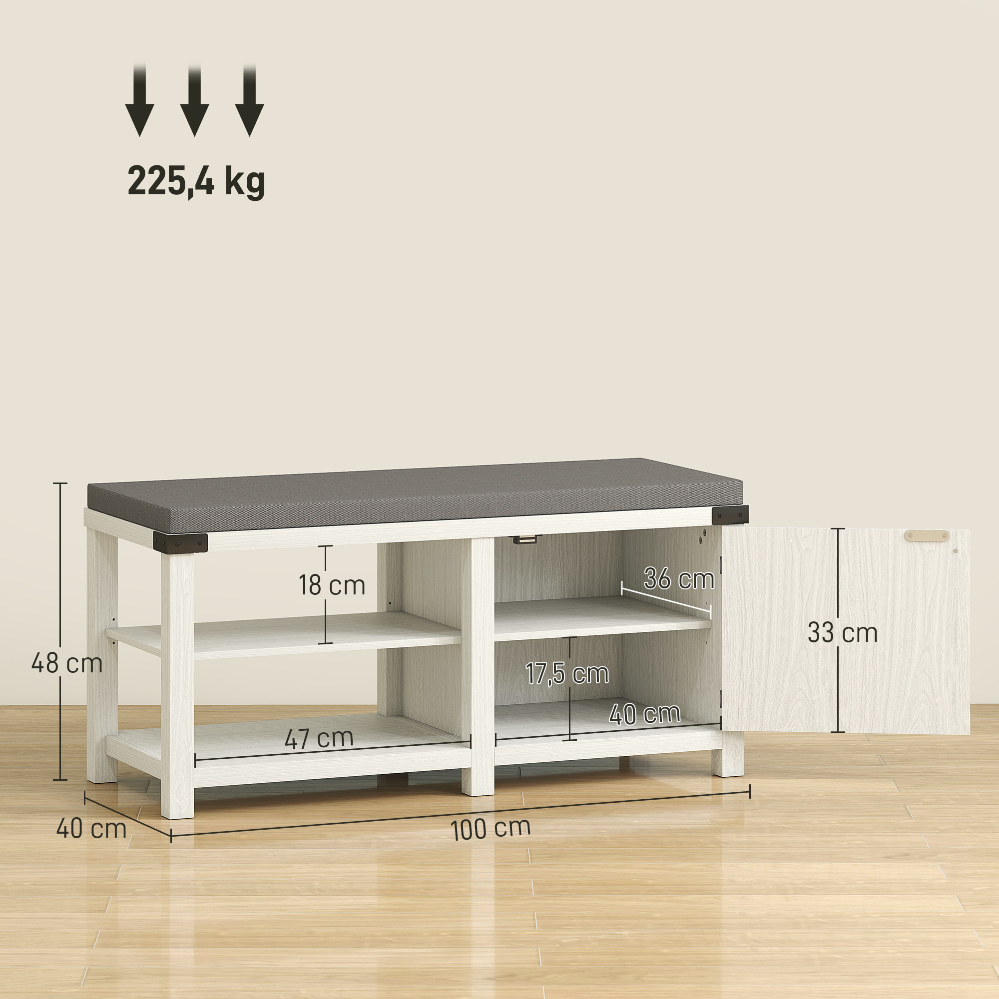 Banco Zapatero Rústico Zapatero con Asiento Organizador de Zapatos con Compartimentos Cojín para 7 Pares de Zapatos para Entrada Salón Dormitorio 100x40x48 cm Blanco y Gris