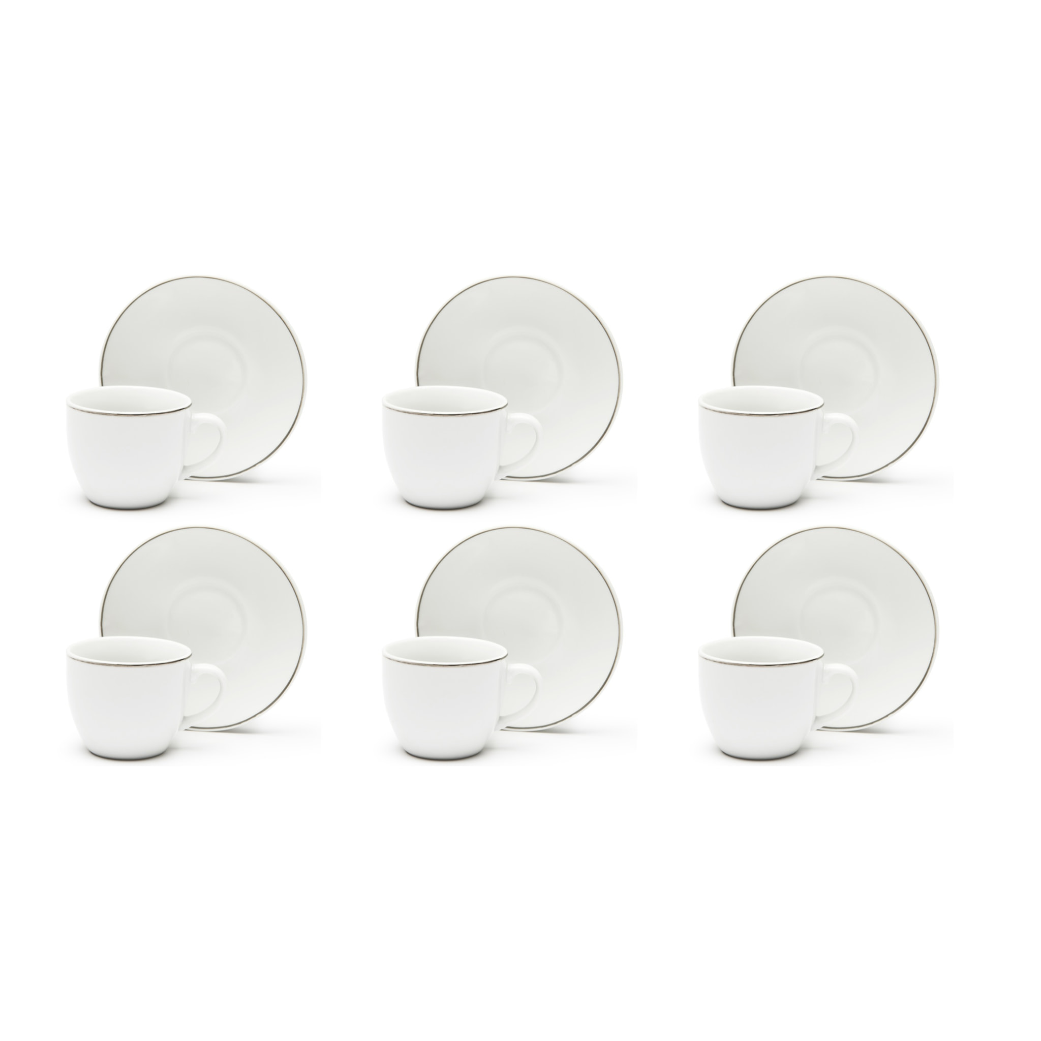 Set 6 Tazzine Caffè con Piattini Excelsa – Platinum, Porcellana Bianca con Filo Argento