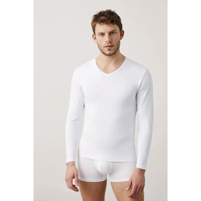 Maglietta bianca in cotone a maniche lunghe con scollo a V
