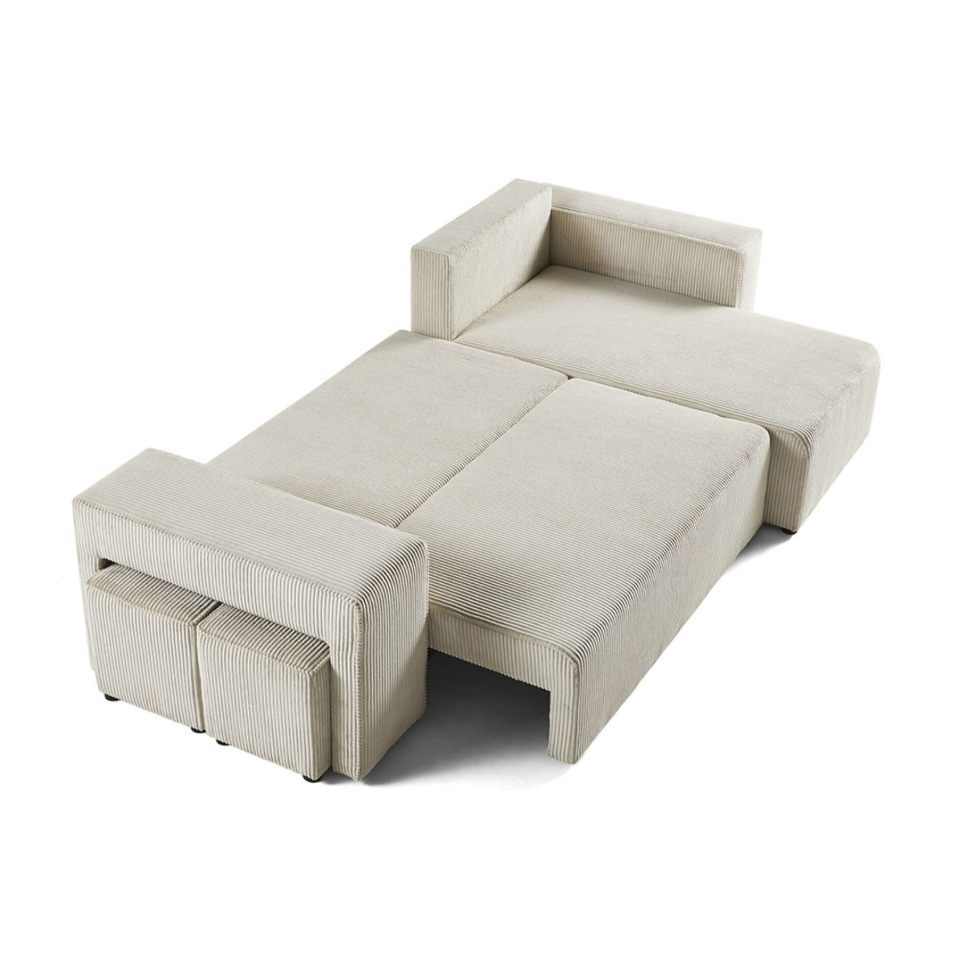 Topaze - canapé d'angle réversible 4 places - convertible avec coffre, tablette et poufs - en velours côtelé - Beige
