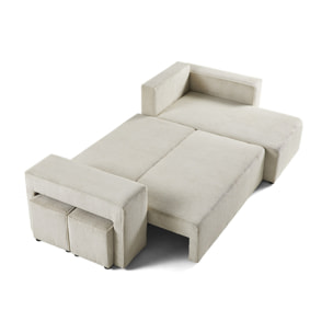 Topaze - canapé d'angle réversible 4 places - convertible avec coffre, tablette et poufs - en velours côtelé - Beige