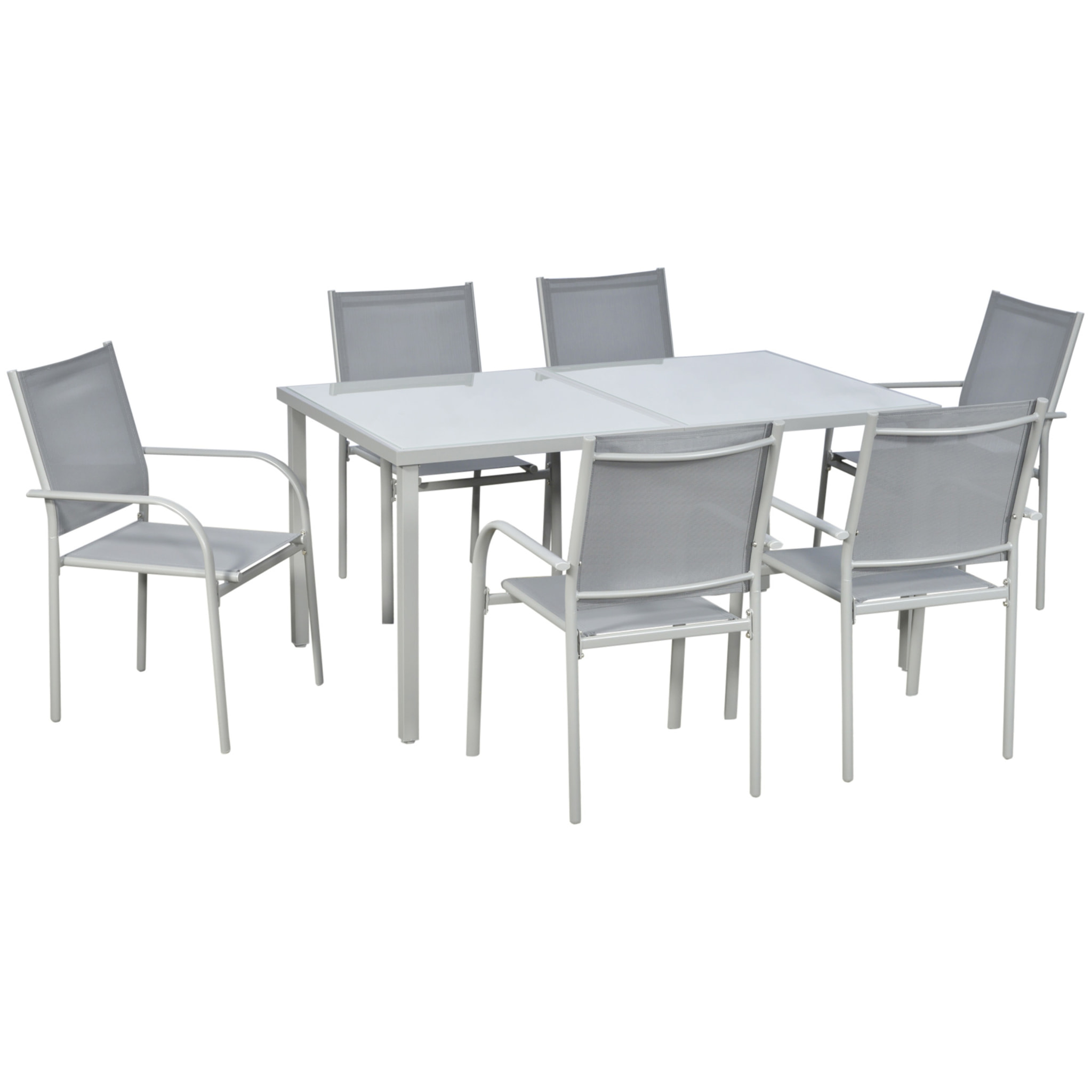 Ensemble de jardin 6 personnes chaises empilables table à manger dim. 150L x 90l x 72H cm plateau verre acier époxy textilène gris