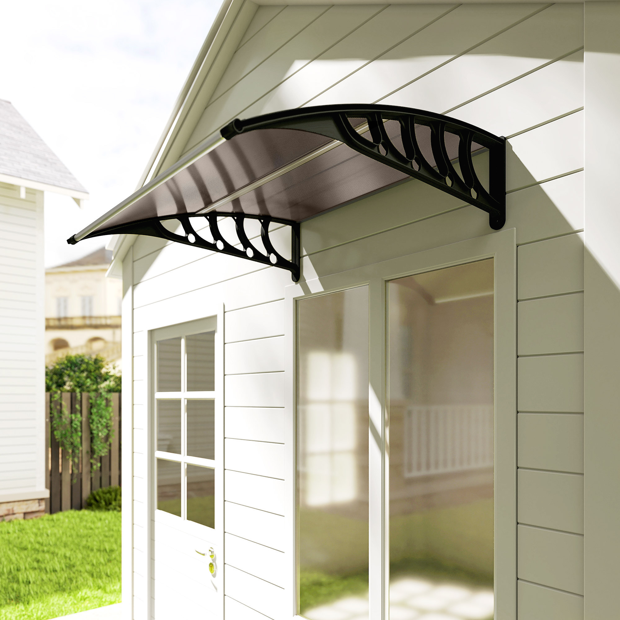 Auvent marquise de porte design voûté arrondi dim. 103x96x27cm alu polycarbonate fumé plastique noir