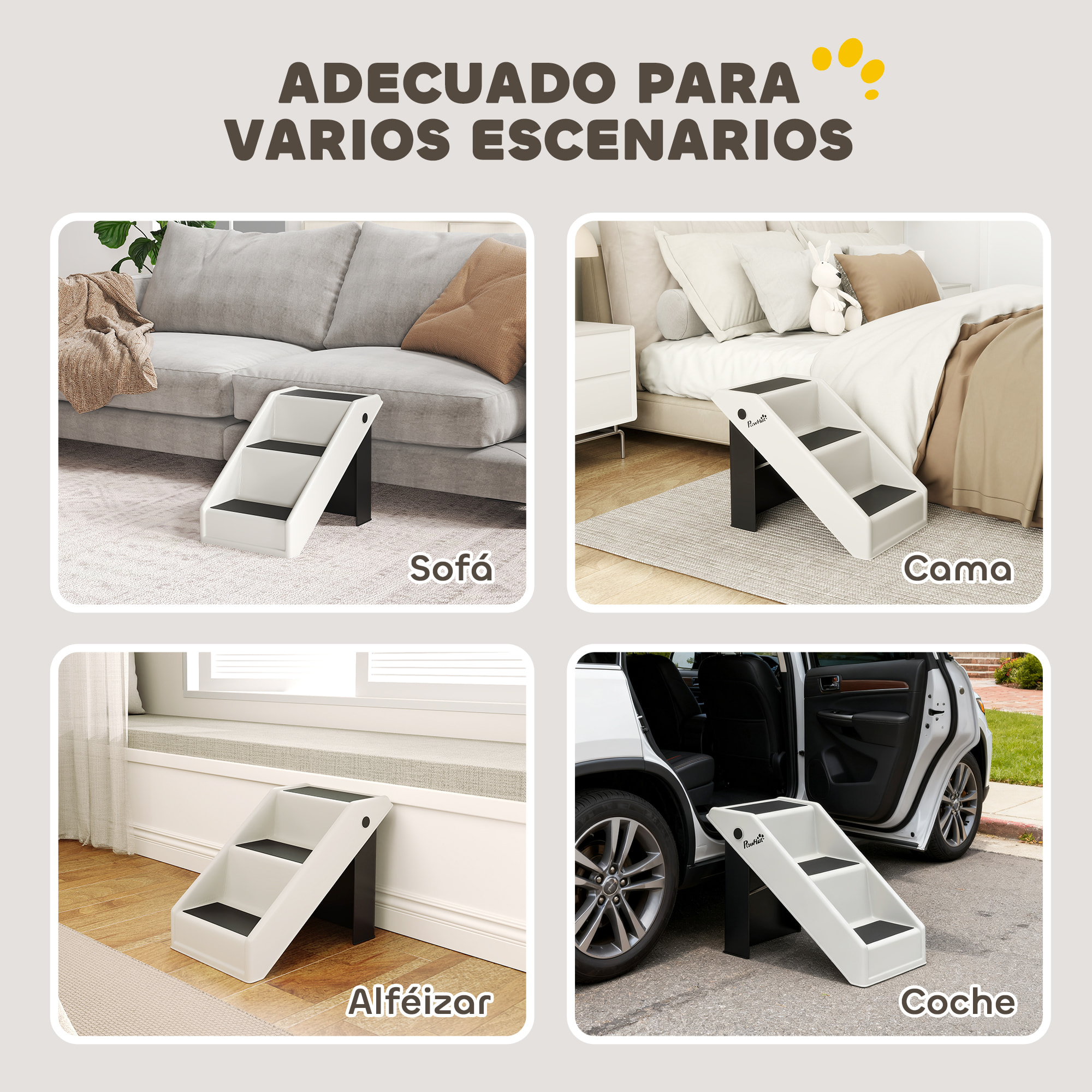 Escalera para Perros Plegable de 3 Peldaños, Portátil, Escalera para Mascotas Mayores, Perros Pequeños, Gatos, para Cama, Sofá, 53x30,5x36,5 cm, Blanco Crema