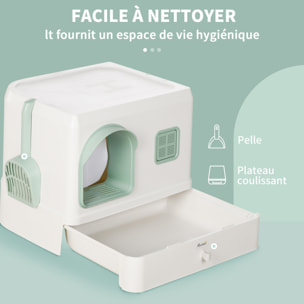 Maison de toilette chat design maisonnette - pelle, 2 désodorisants, plateau coulissant intégrés - blanc vert