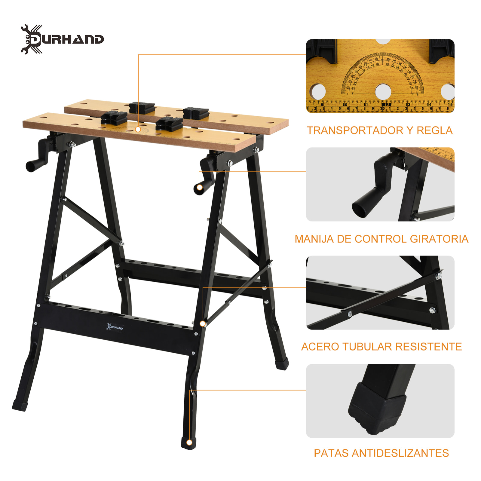 DURHAND Banco de Trabajo Plegable Mesa de Trabajo Portátil con 4 Abrazaderas Agujeros para Sierra Uso Doméstico Carpintería Hierro MDF Soporta 70 kg 56x62x75 cm Natural Negro