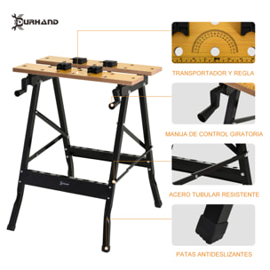 DURHAND Banco de Trabajo Plegable Mesa de Trabajo Portátil con 4 Abrazaderas Agujeros para Sierra Uso Doméstico Carpintería Hierro MDF Soporta 70 kg 56x62x75 cm Natural Negro