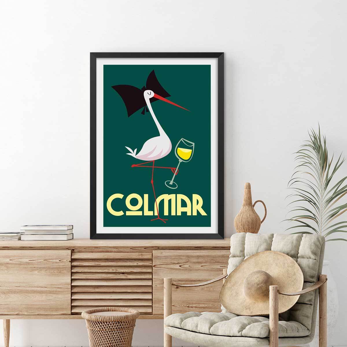Affiche cigogne de Colmar Affiche + cadre en bois - Noir