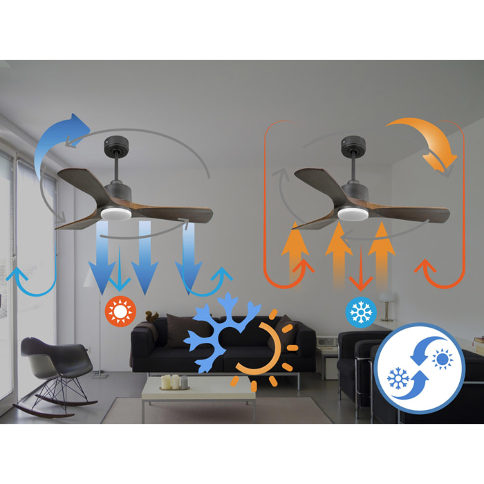Ventilateur de plafond Réversible  Thermostat Dimmable Wifi Moteur à courant continu Toits en pente Télécommande Lumière à trois tons Hypersilence Mémoire