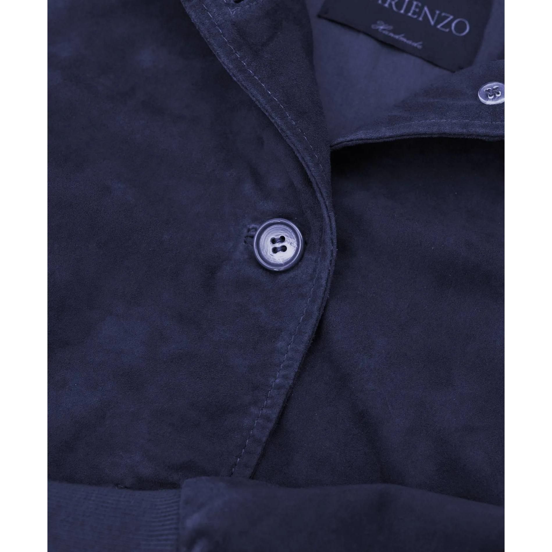 Bomber in pelle camoscio blu con bottoni