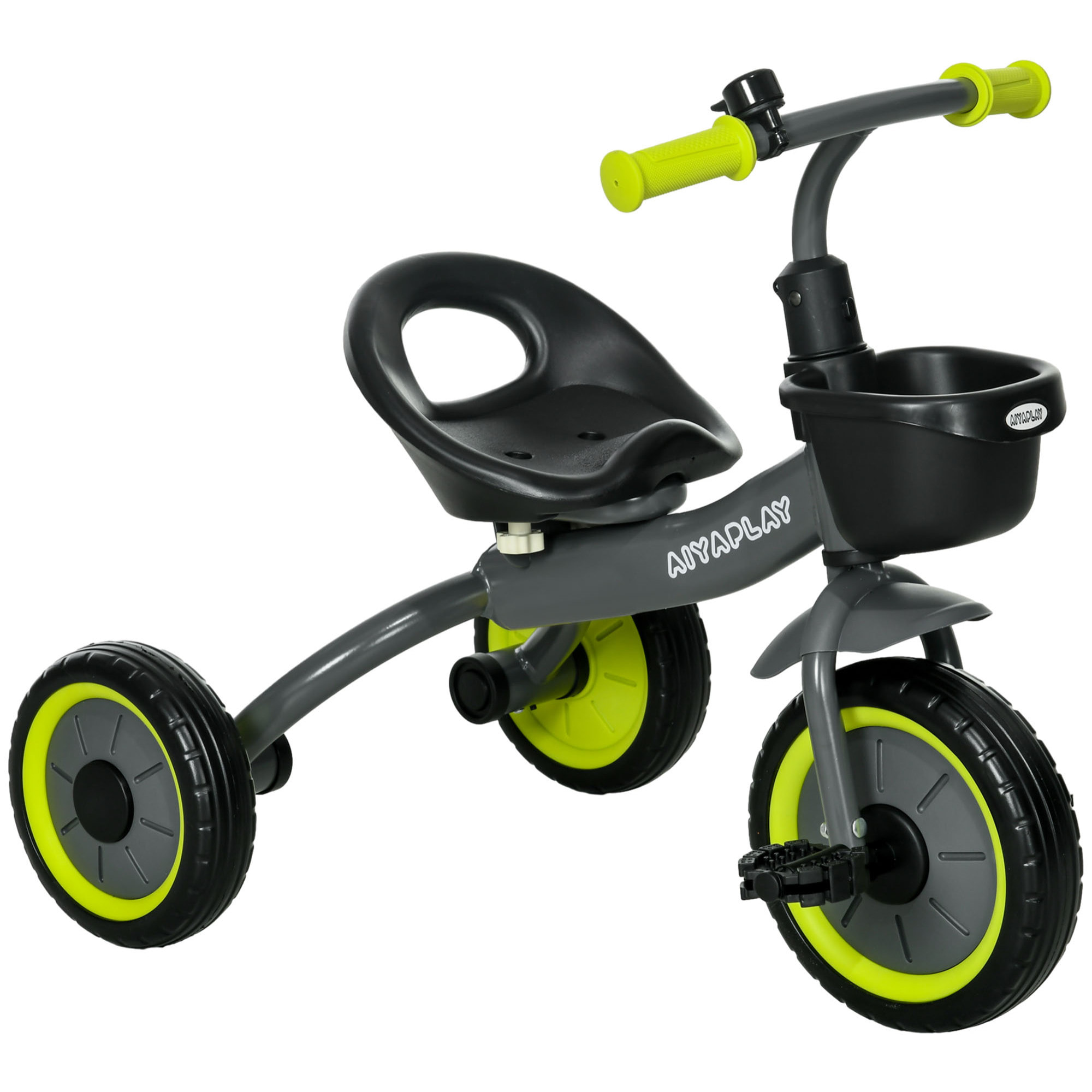 Triciclo para Niños de 2 a 5 Años Bicicleta Infantil con Asiento Ajustable Cesta Timbre Pedales y 3 Ruedas Carga 25 kg 70,5x53x58 cm Gris y Verde