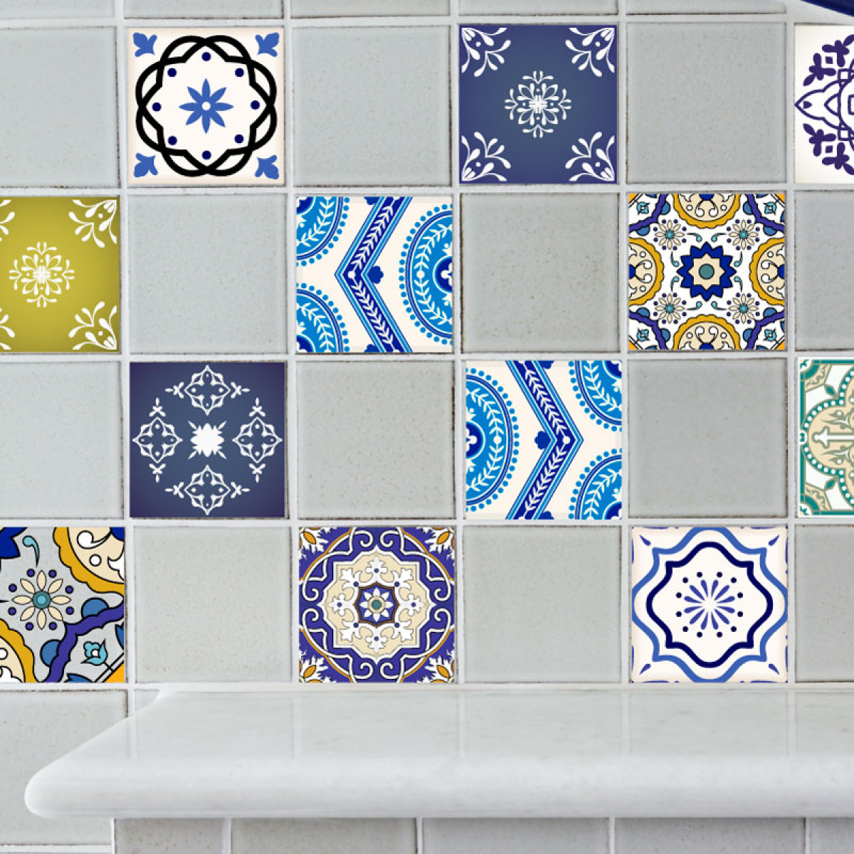 Stickers muraux - Sticker Mural Carrelage adhésif Cuisine Salle de Bain - 16 STICKERS CARRELAGES AZULEJOS VINTAGE RAFFINÉ