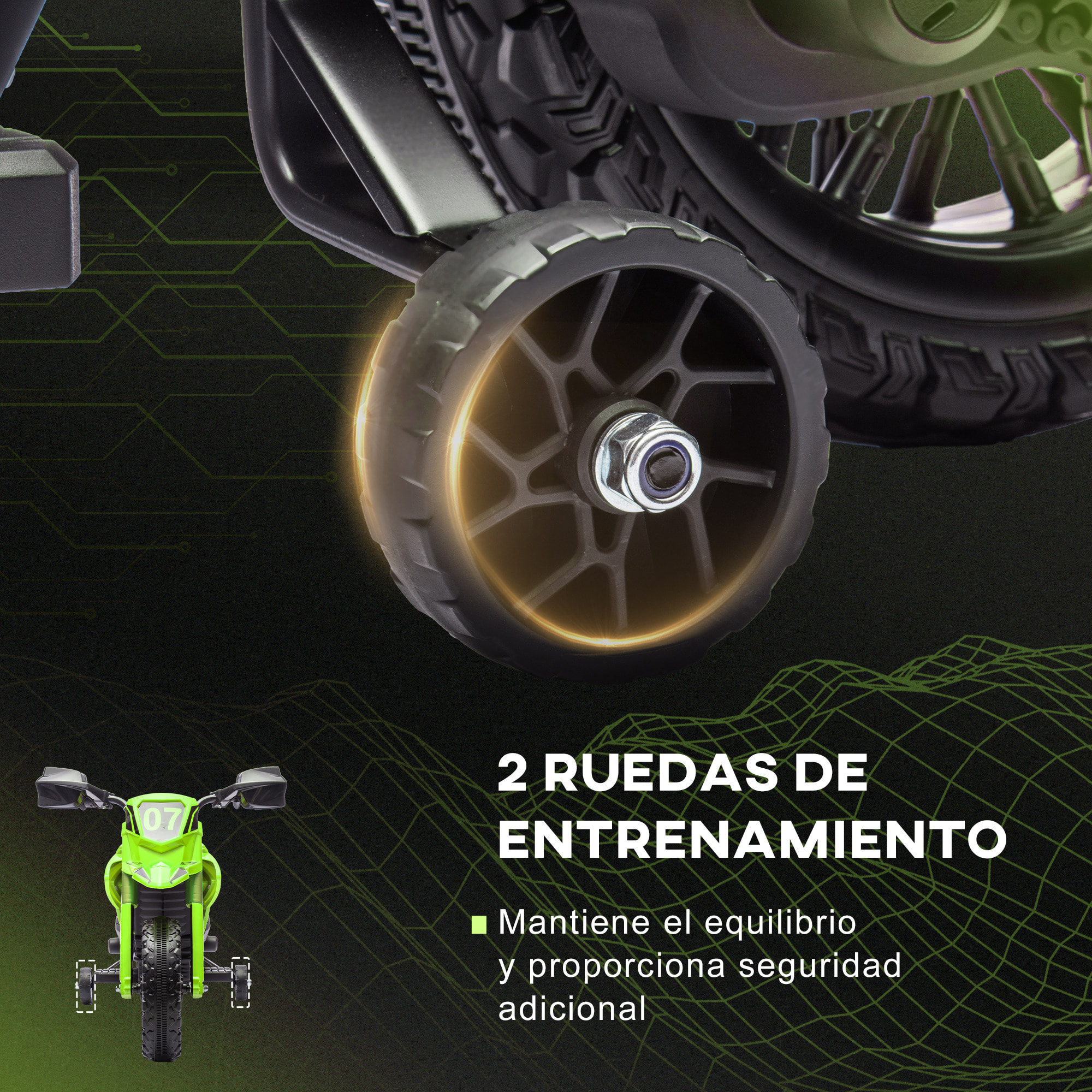 Moto Eléctrica para Niños de +3 Años Moto de Batería 12V para Niños con Ruedas de Entrenamiento Acelerador en Puño y Bocina Carga 30 kg Verde