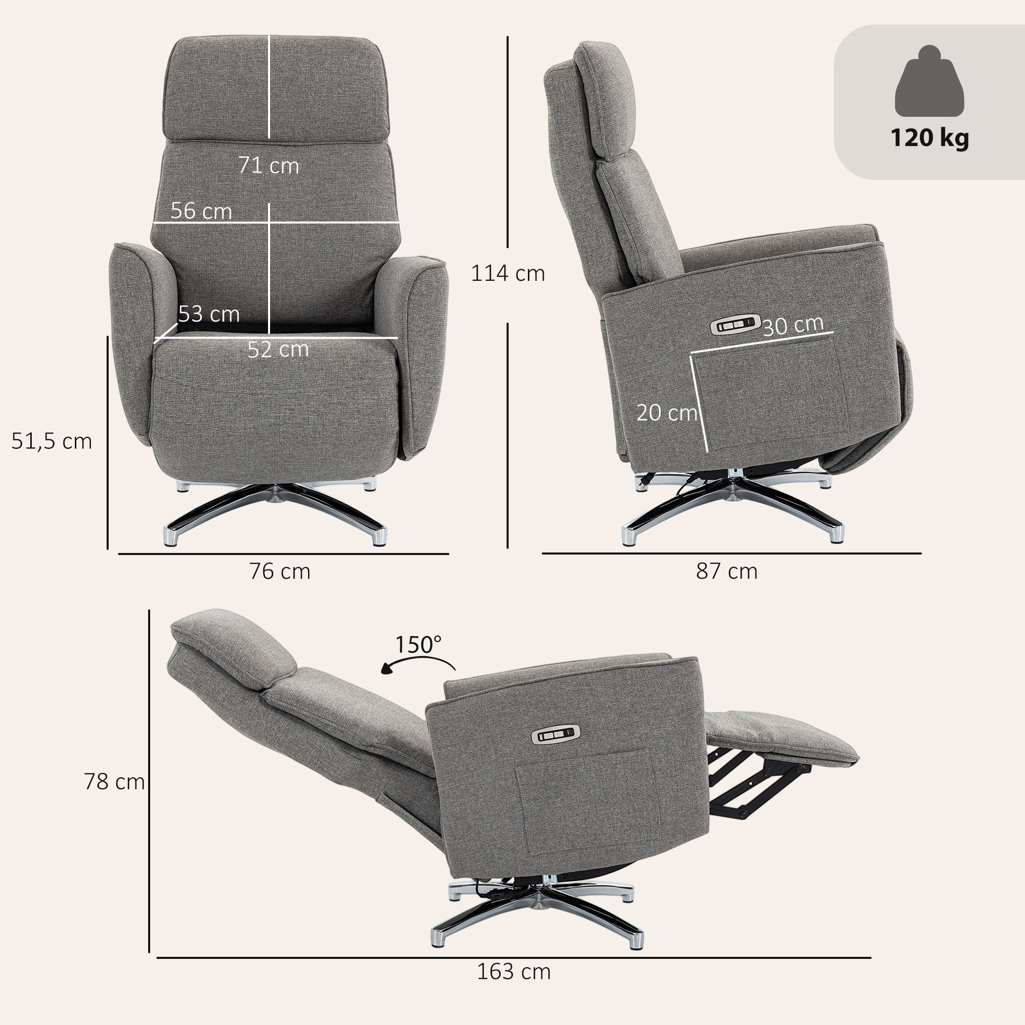 Fauteuil relax design électrique pivotant inclinable réglable acier chromé tissu gris