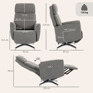 Fauteuil relax design électrique pivotant inclinable réglable acier chromé tissu gris