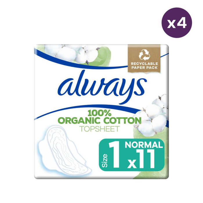 4x11 Serviettes Hygiéniques Always Cotton Protection Normal