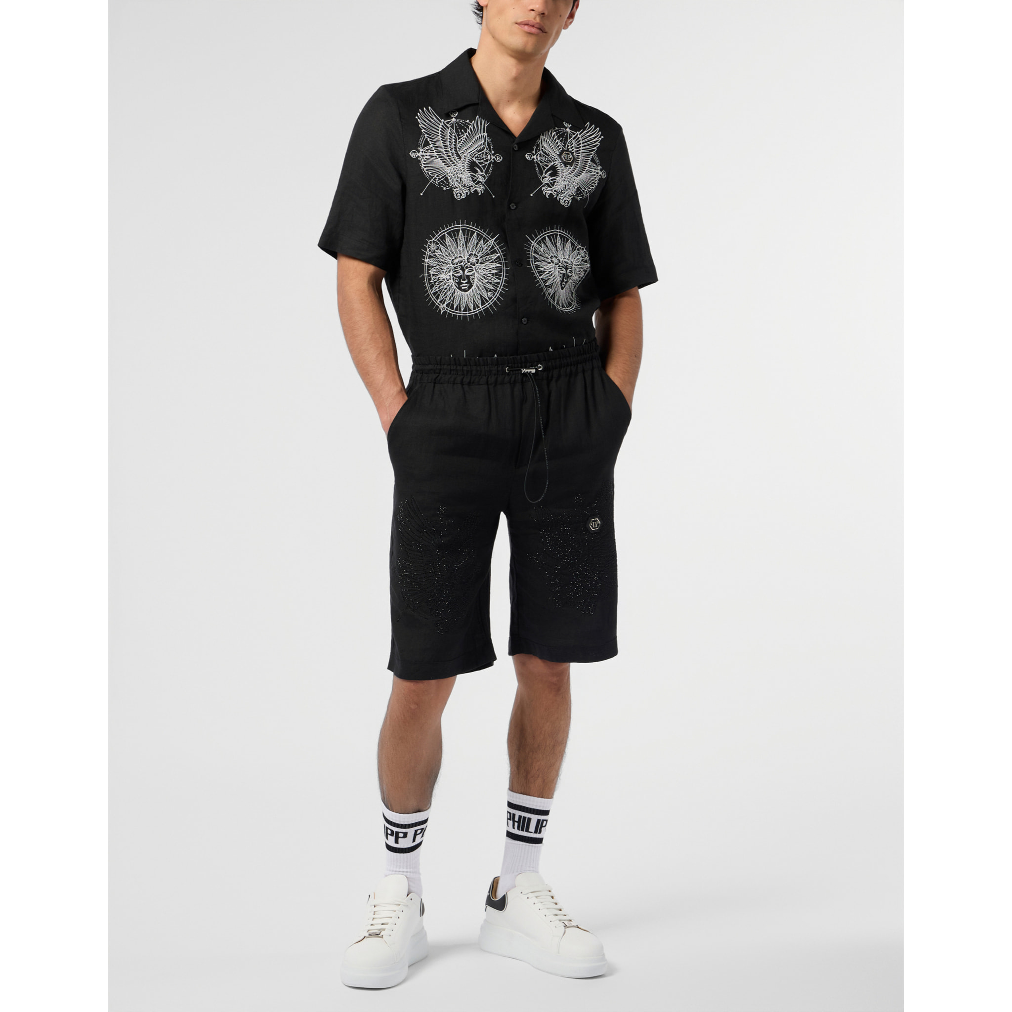 PHILIPP PLEIN Embroidered Linen Bowling Shorts Tattoo Strass