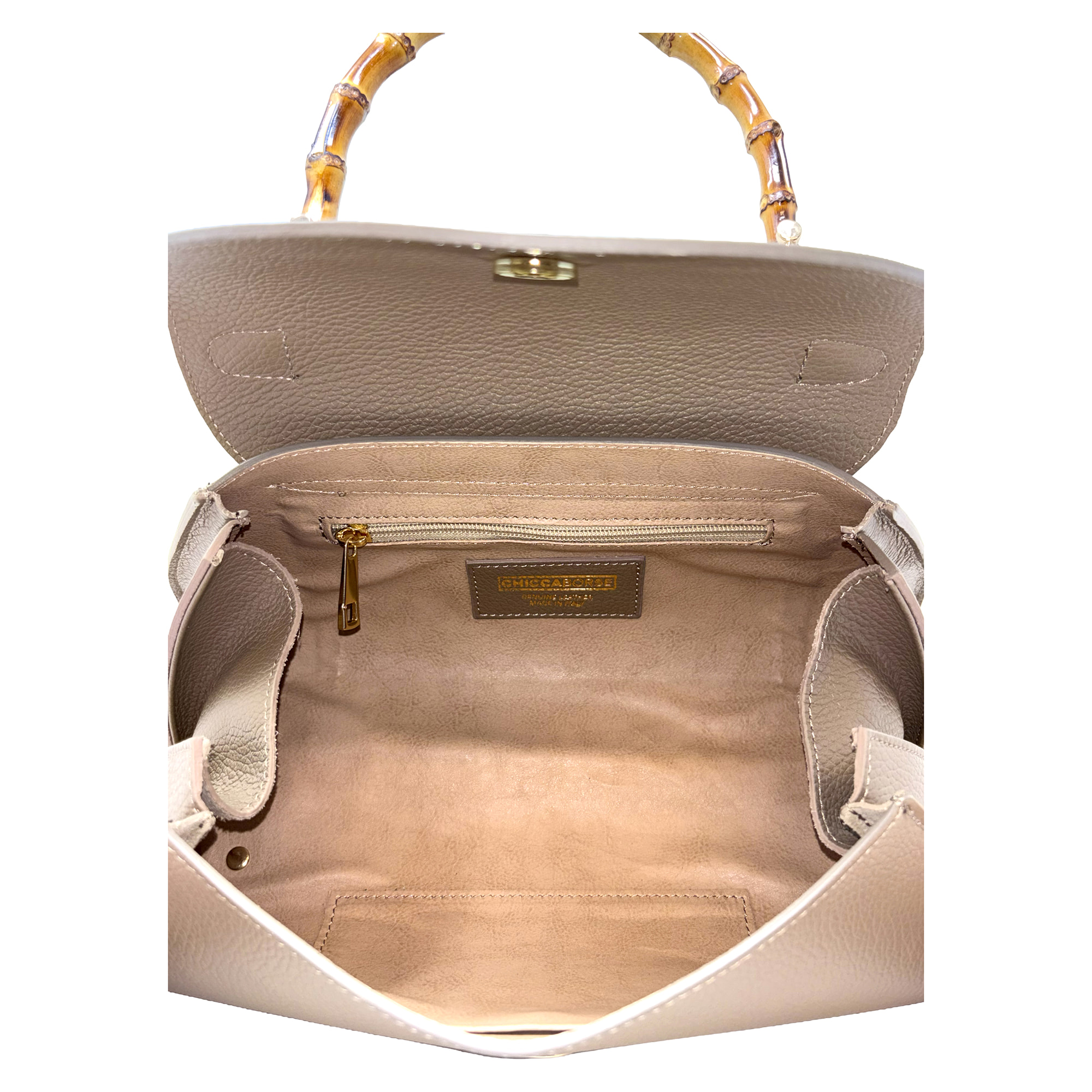 Borsa a Mano Elegante da Donna con Manico in Bambu in Pelle Martellata