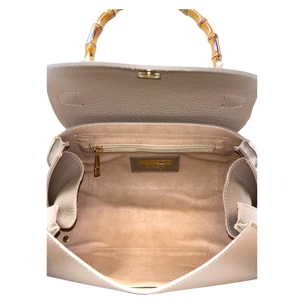 Borsa a Mano Elegante da Donna con Manico in Bambu in Pelle Martellata