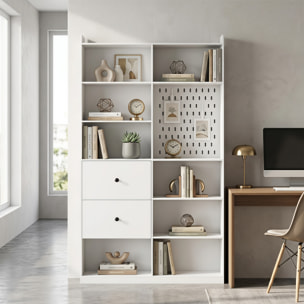 Estantería para Libros Alta y Estrecha, Librería de 6 Niveles con Panel Perforado, 2 Cajones, 8 Compartimentos Abiertos, Armario para Salón, Estudio, Oficina, 120x30x200 cm, Blanco