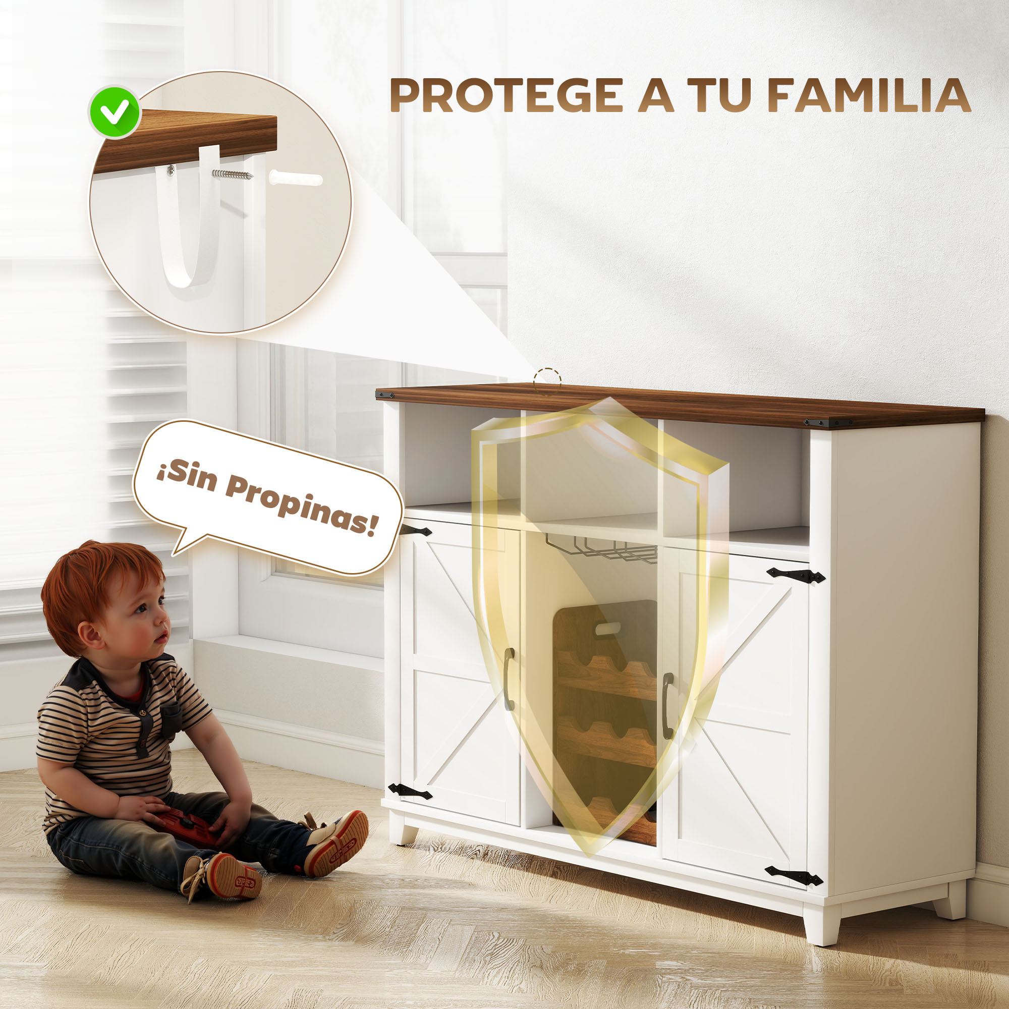 Aparador de Cocina con Botellero, Aparador con 2 Puertas de Granero, Estantes Ajustables y Soporte para Copas, para 9 Botellas, Buffet Auxiliar de Cocina para Comedor, Salón 120x37x88 cm Blanco