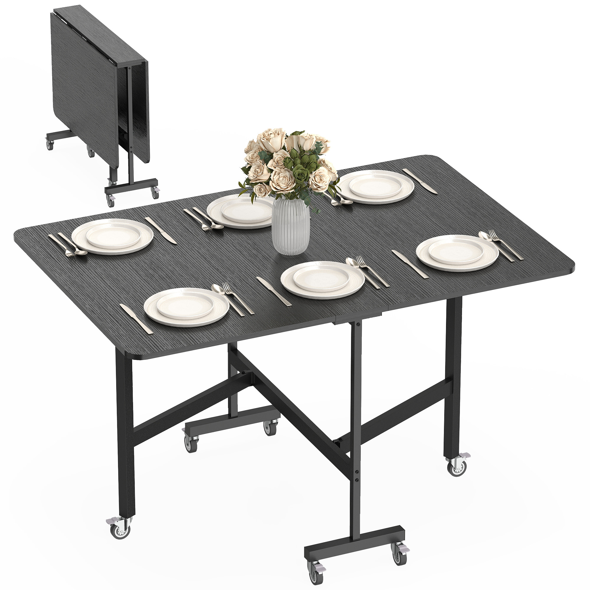 Mesa Plegable de Comedor para 4-6 Personas Mesa de Cocina Plegable con Ruedas y Alas Abatibles para Cocina Salón 120x80x73 cm Negro